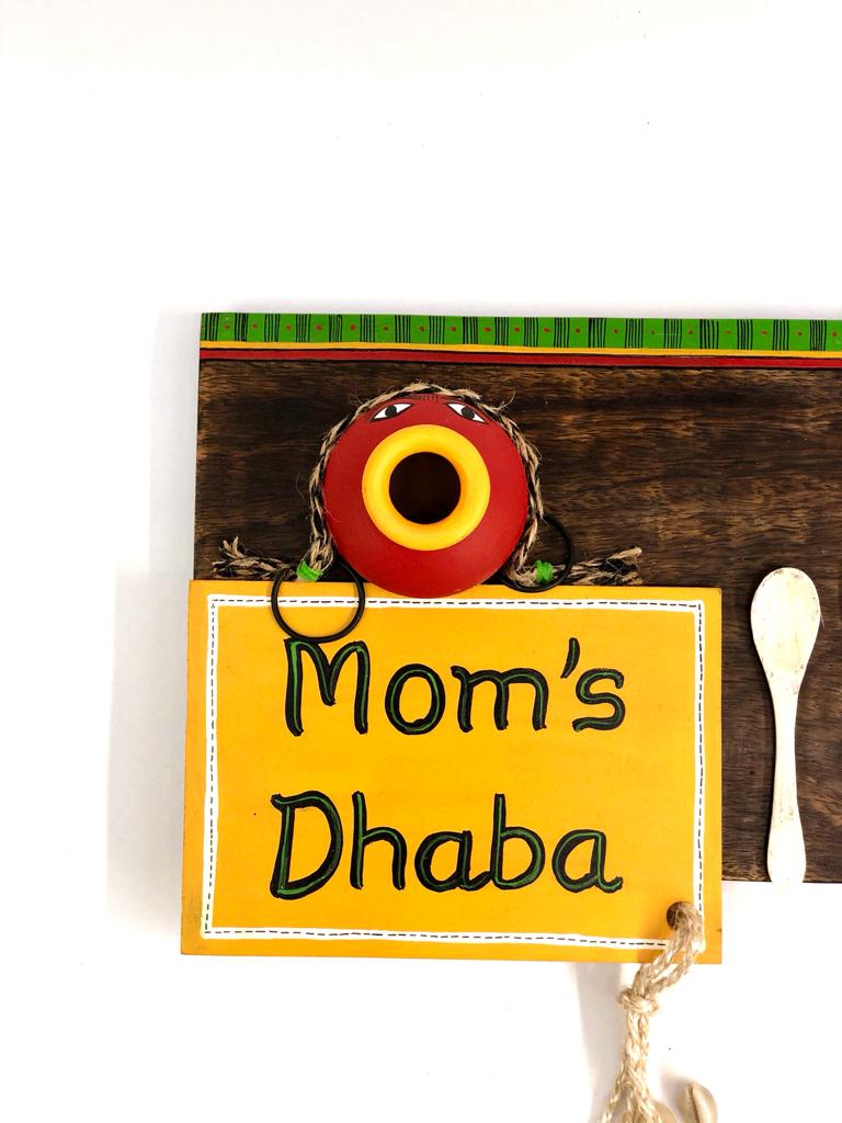 Mom's Dhaba Kitchen Wall Décor With 2 Spoons & Face Clay Pot Tamrapatra