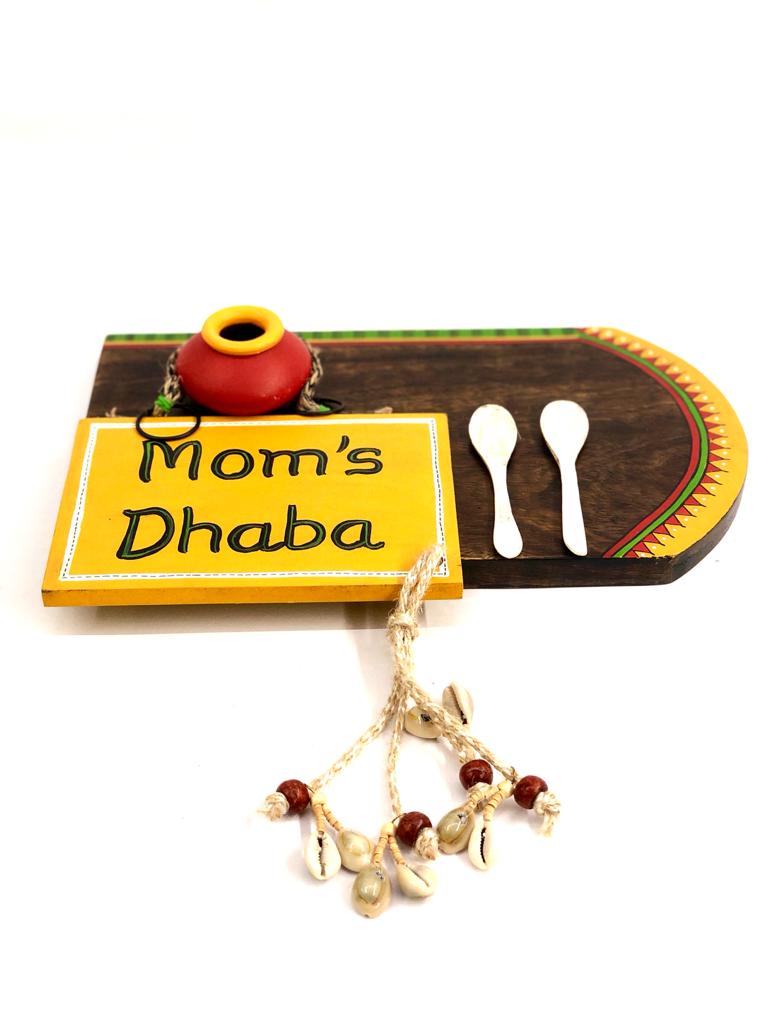 Mom's Dhaba Kitchen Wall Décor With 2 Spoons & Face Clay Pot Tamrapatra
