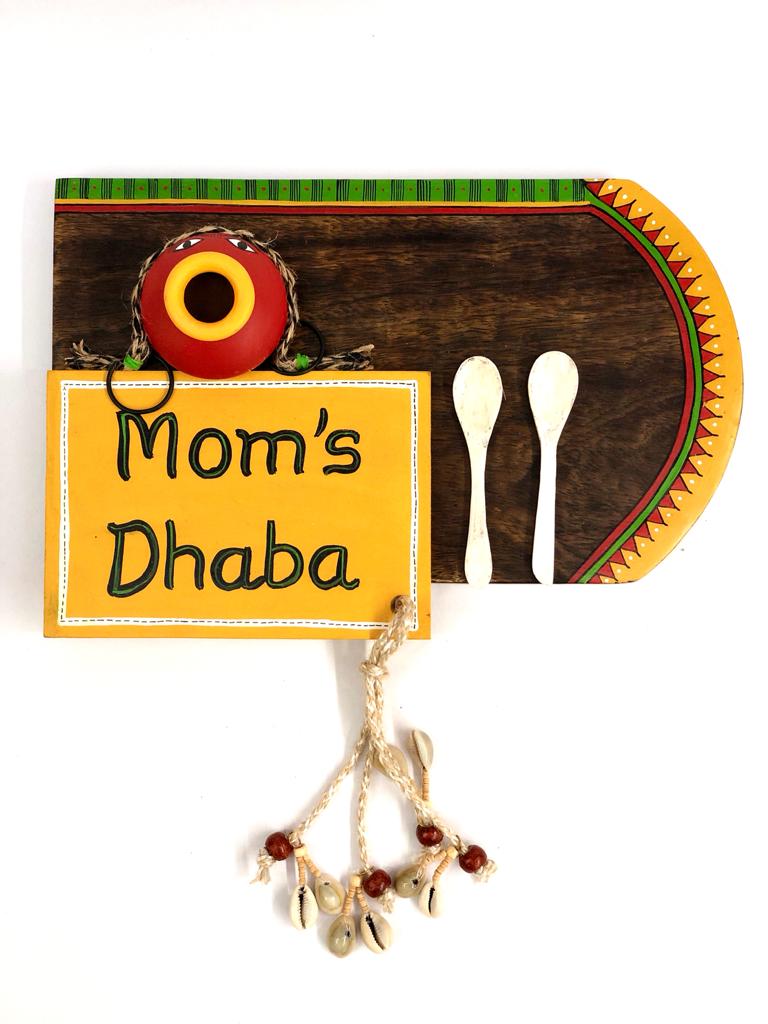 Mom's Dhaba Kitchen Wall Décor With 2 Spoons & Face Clay Pot Tamrapatra