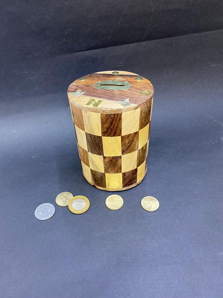 Checkered Money Coin Box For Storage & Savings Wooden Handicrafts Tamrapatra