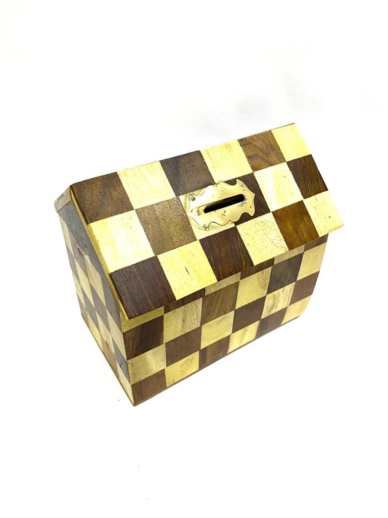 Checkered Money Coin Box For Storage & Savings Wooden Handicrafts Tamrapatra
