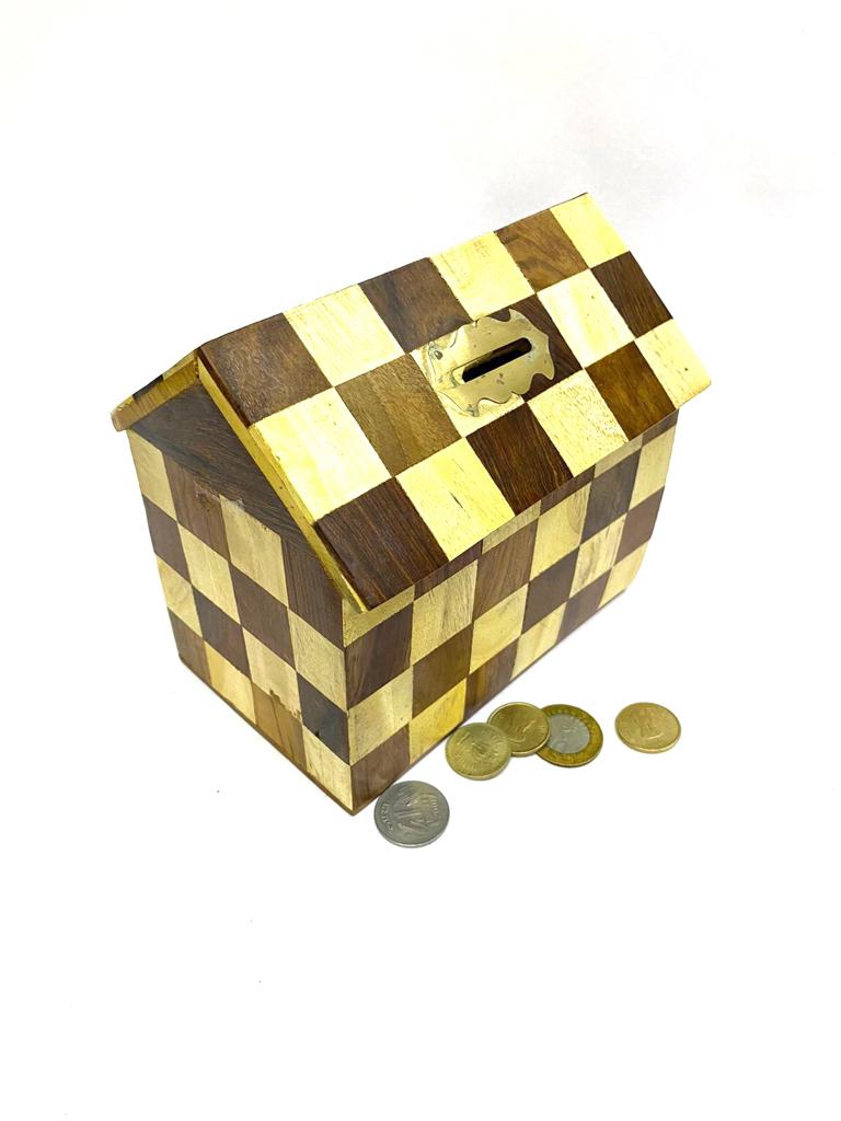 Checkered Money Coin Box For Storage & Savings Wooden Handicrafts Tamrapatra