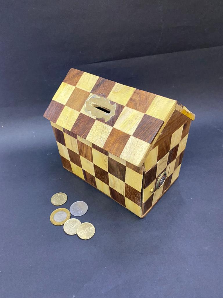 Checkered Money Coin Box For Storage & Savings Wooden Handicrafts Tamrapatra