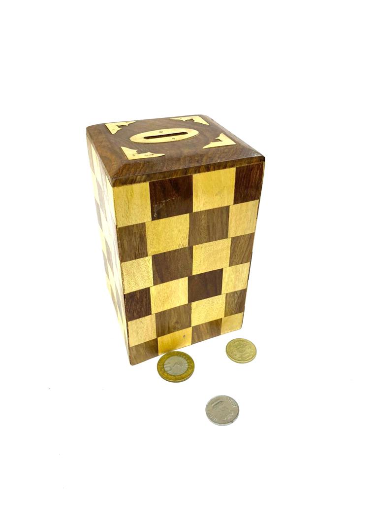 Checkered Money Coin Box For Storage & Savings Wooden Handicrafts Tamrapatra