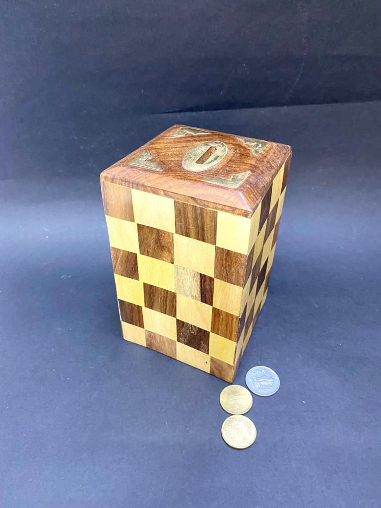 Checkered Money Coin Box For Storage & Savings Wooden Handicrafts Tamrapatra