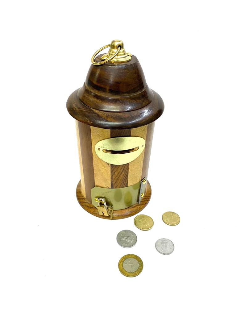 Checkered Money Coin Box For Storage & Savings Wooden Handicrafts Tamrapatra