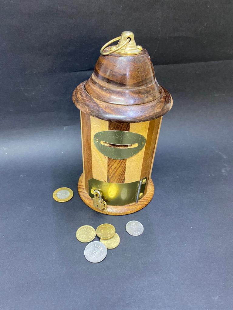 Checkered Money Coin Box For Storage & Savings Wooden Handicrafts Tamrapatra