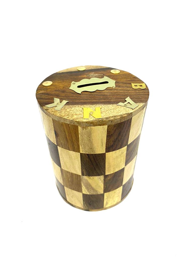 Checkered Money Coin Box For Storage & Savings Wooden Handicrafts Tamrapatra