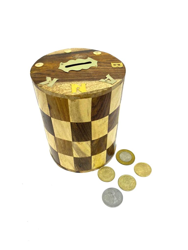 Checkered Money Coin Box For Storage & Savings Wooden Handicrafts Tamrapatra