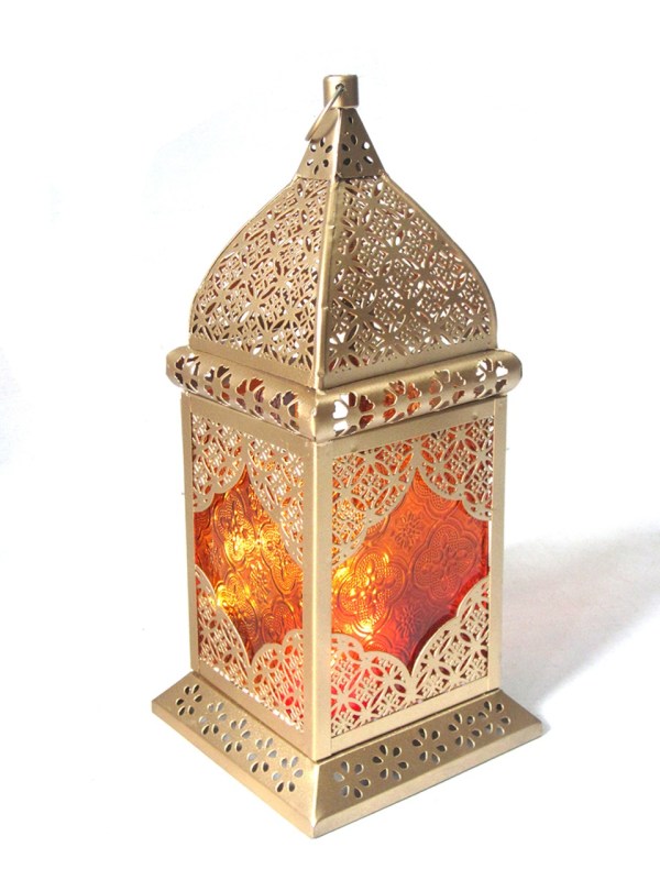 Lantern Gold Painted With Colorful Glass Hanging Candle Holder Tamrapatra
