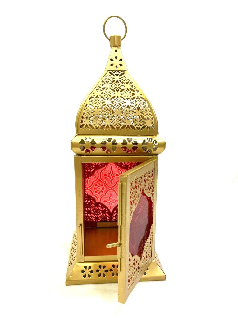 Lantern Gold Painted With Colorful Glass Hanging Candle Holder Tamrapatra