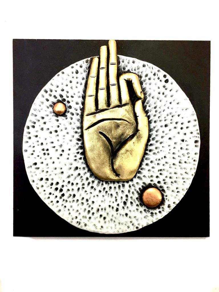 Hand Gestures Buddha Sculptures Terracotta Art With MDF White Gold Tamrapatra