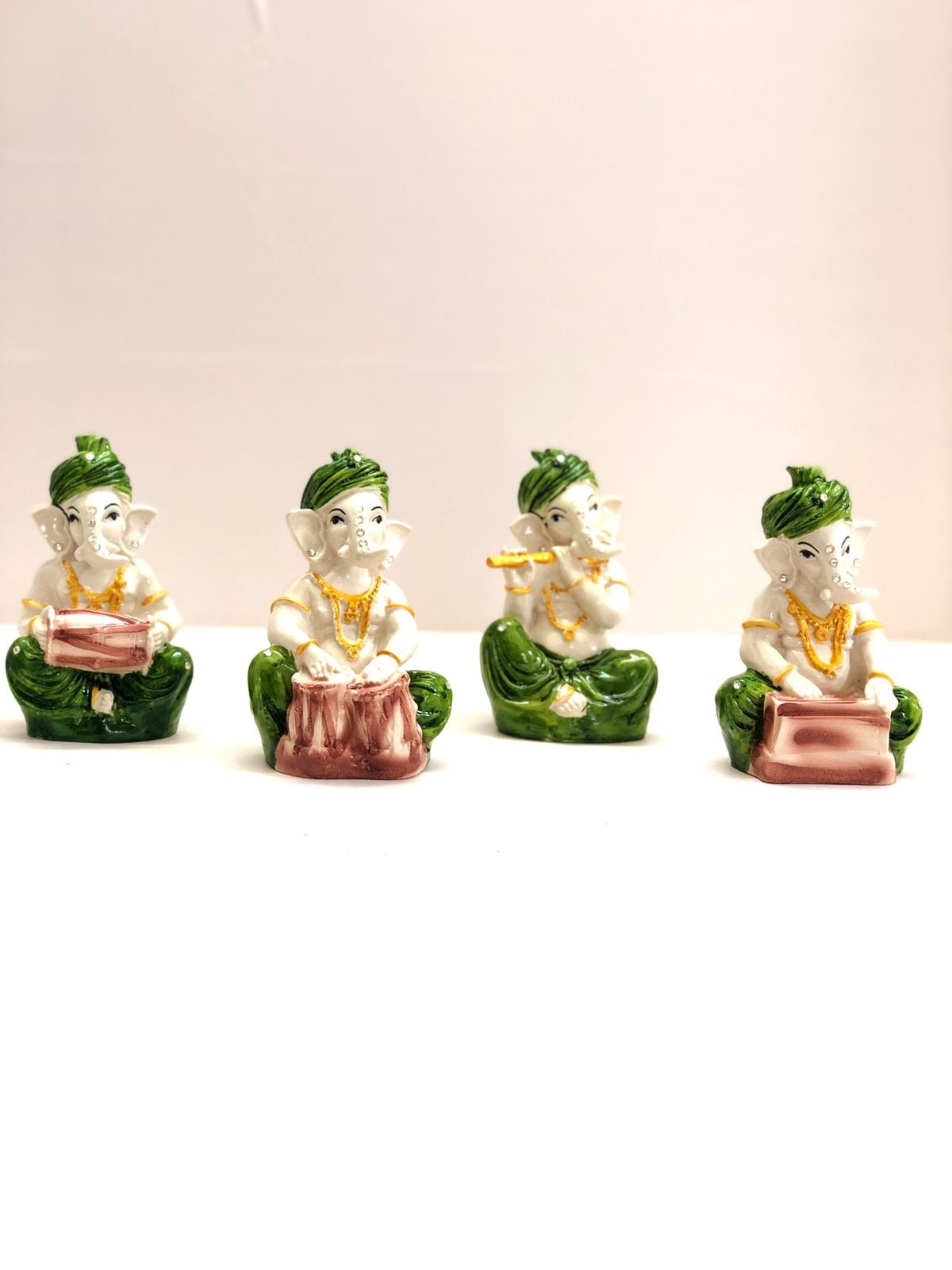 Turban Ganesha Playing Musical Instruments In Spiritual Set Of 4 From Tamrapatra