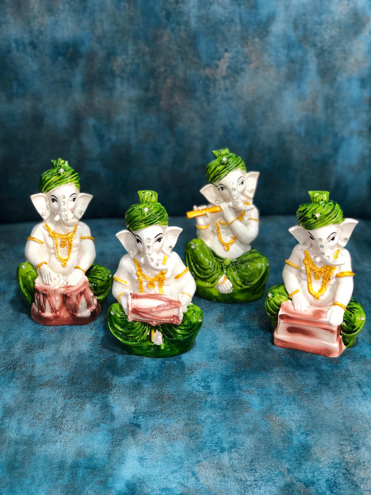 Turban Ganesha Playing Musical Instruments In Spiritual Set Of 4 From Tamrapatra