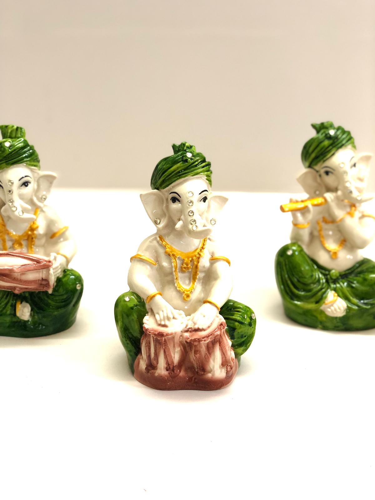 Turban Ganesha Playing Musical Instruments In Spiritual Set Of 4 From Tamrapatra