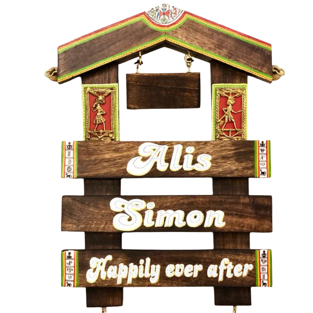 Unique Hut Shaped Wooden Name Plate With Bells HandPainted Tamrapatra - Tamrapatra