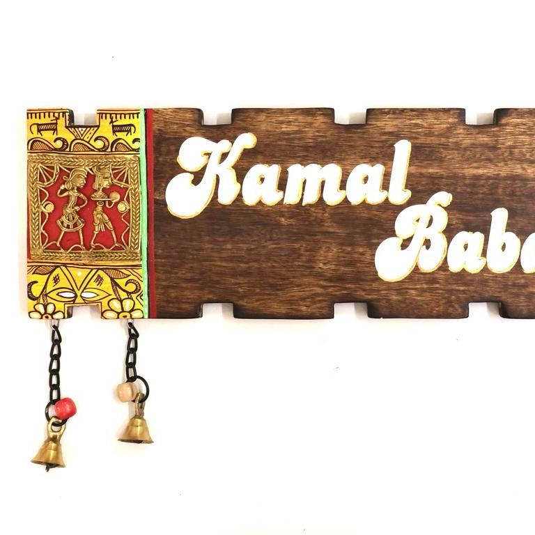 Classic Wooden Name Plate With 2 Bells & Figures Exclusive Designs By Tamrapatra