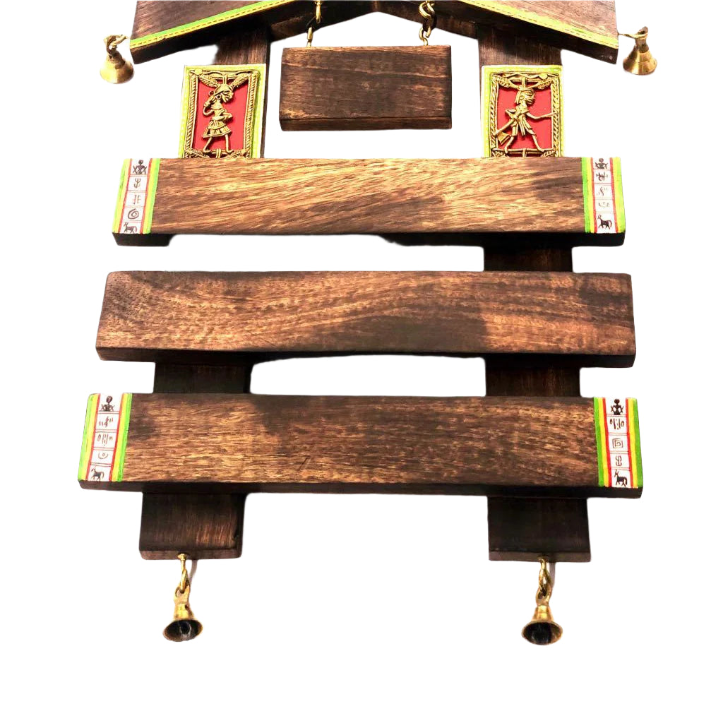 Unique Hut Shaped Wooden Name Plate With Bells HandPainted Tamrapatra - Tamrapatra