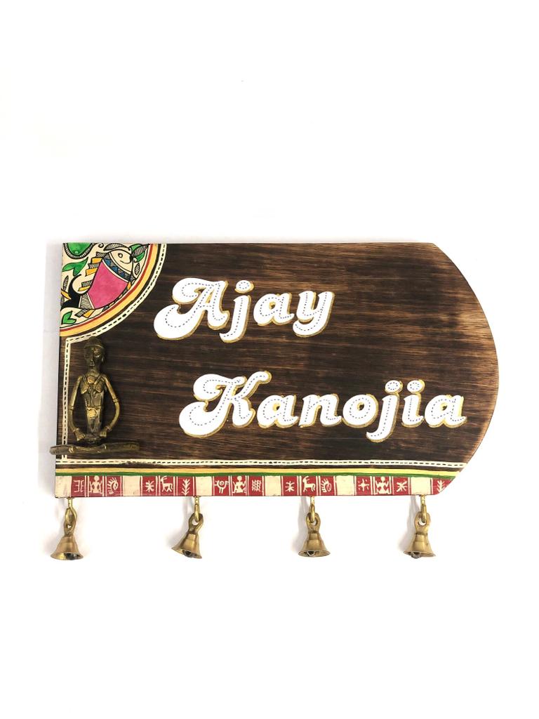 HandPainted Wooden Name Plate With Brass Figures & Bells Now At Tamrapatra - Tamrapatra
