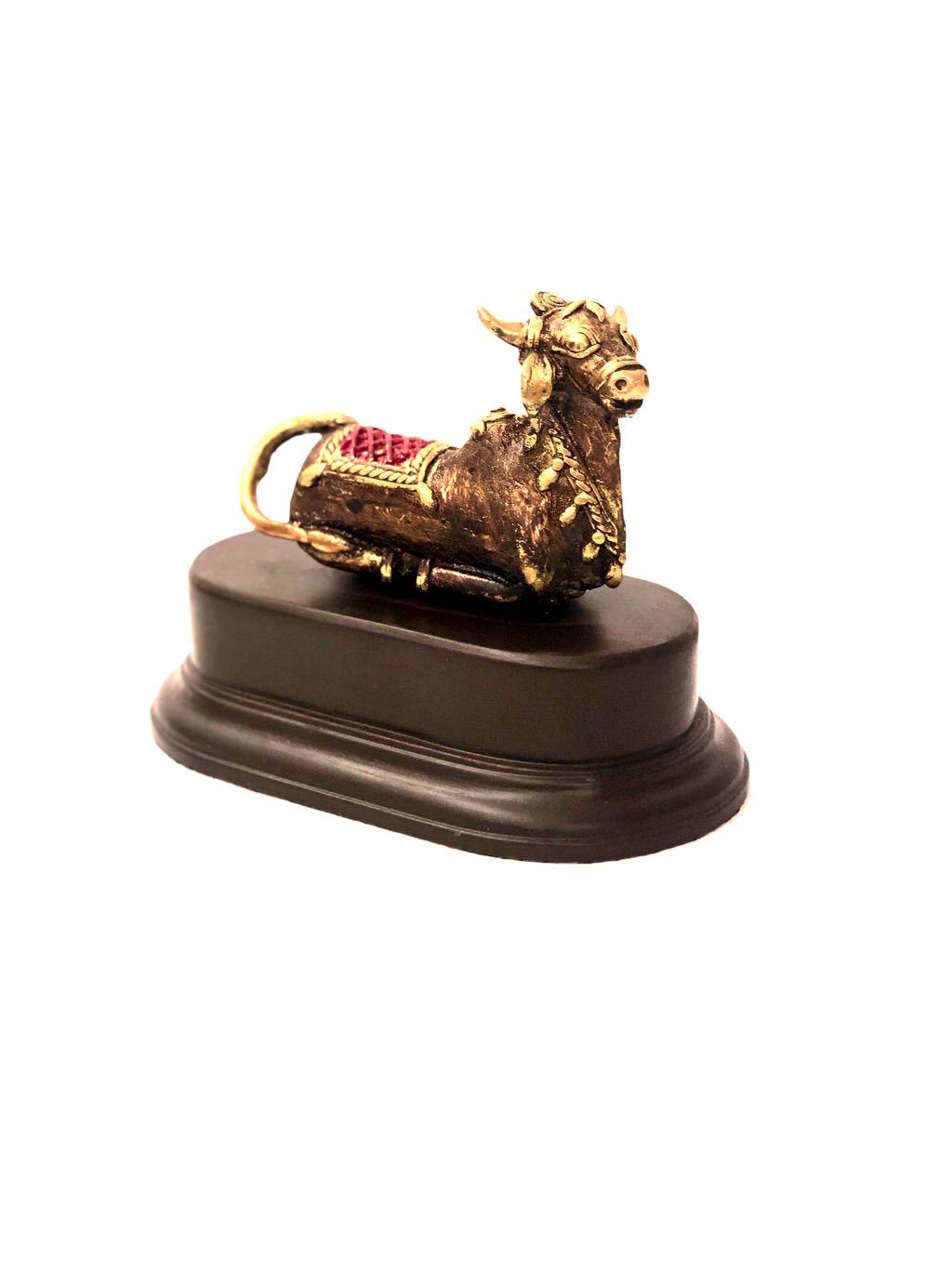 Nandi Brass Lost Wax Sitting on Wooden Stand Artefact Tamrapatra - Tamrapatra