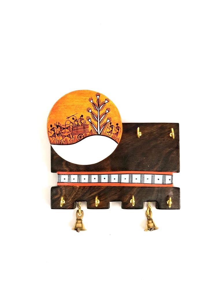 Depiction Of Tribal Lifestyle Hand Painting On Key Holder Utility Decor Tamrapatra