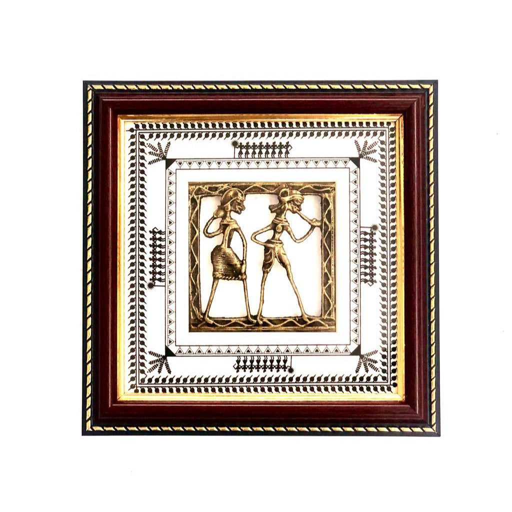 Dhokra Figures Enclosed In Warli Art Frame Hanging Tamrapatra - Tamrapatra