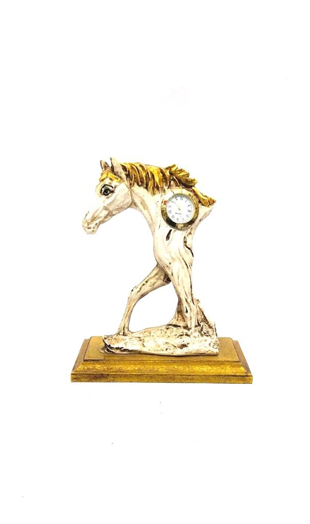 Dashing Horse Sculpture Showpiece With Watch On Stand By Tamrapatra