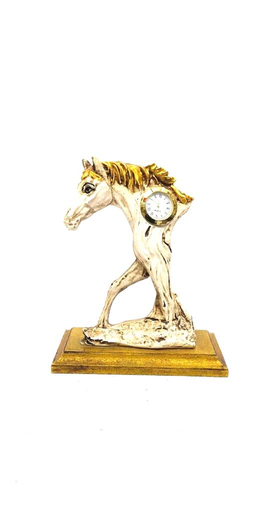 Dashing Horse Sculpture Showpiece With Watch On Stand By Tamrapatra