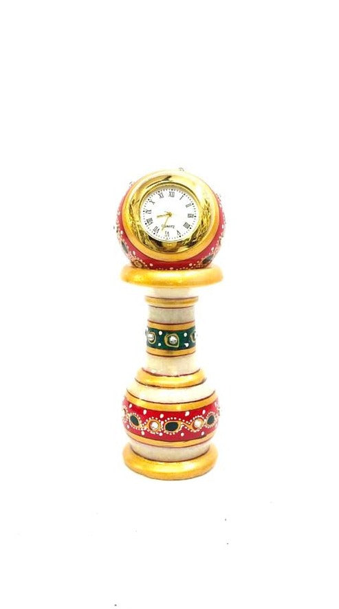 Pillar Style Marble Clock Desk Corporate Utility Souvenir Handcrafted By Tamrapatra