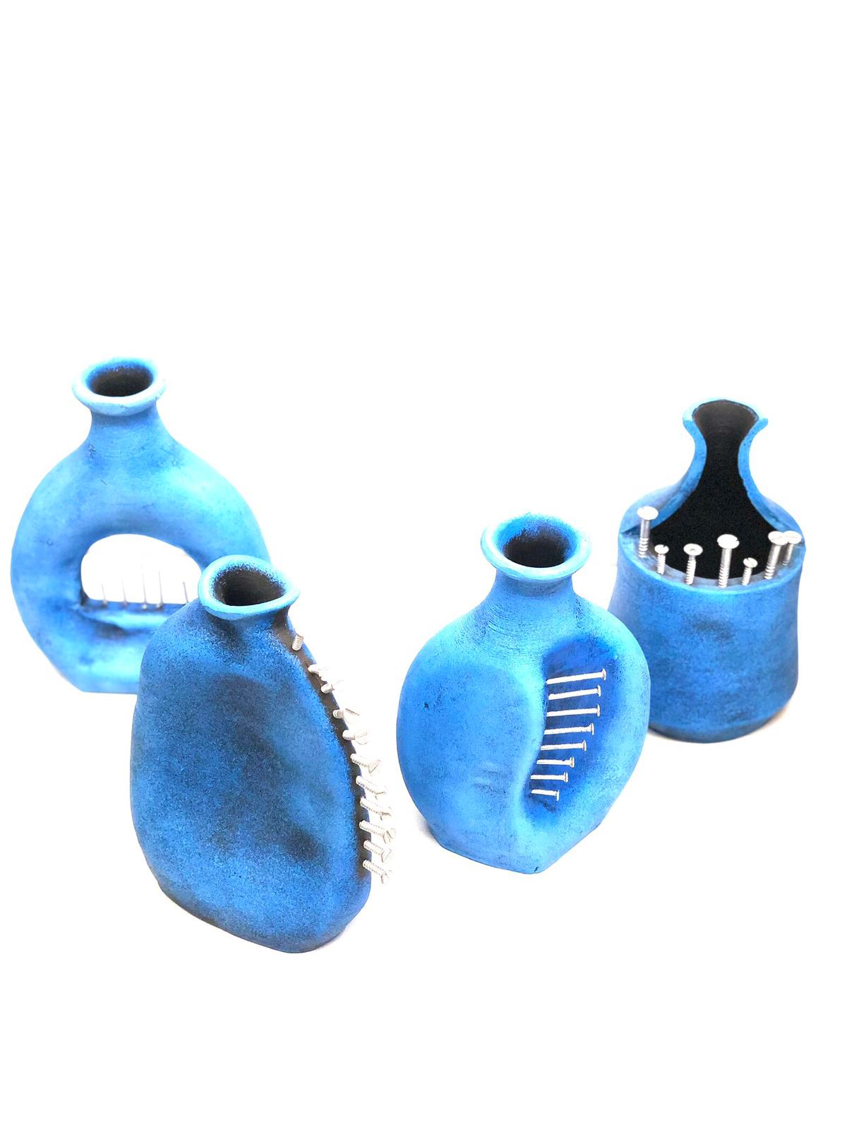 Olympic Blue Clay Pots Handmade & Shaded With Exciting Designs Tamrapatra