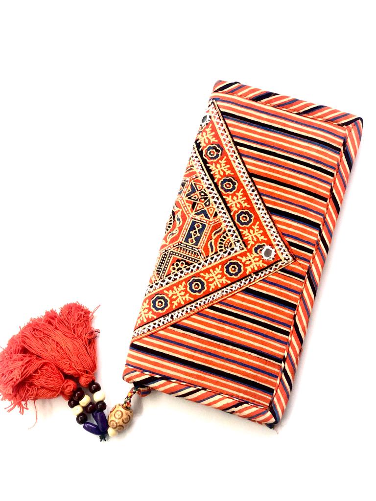 Cotton Embroidery Print Purse With Mirrors Styled With Beads By Tamrapatra
