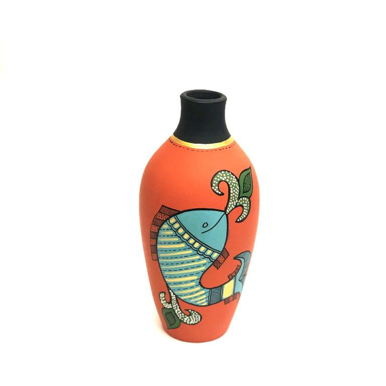 Exceptionally Pottery Creation With Fish Painted On Orange Shade Tamrapatra