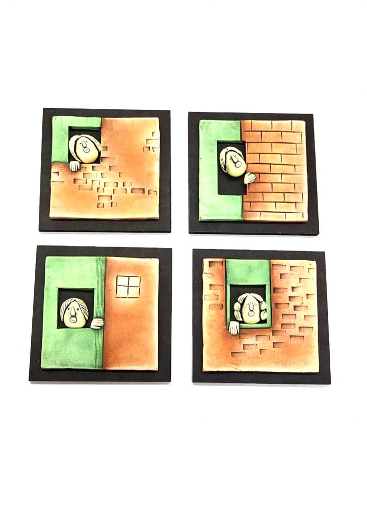 Tangerine Orange Green Faces Bricks Design Handcrafted Set Of 4 By Tamrapatra