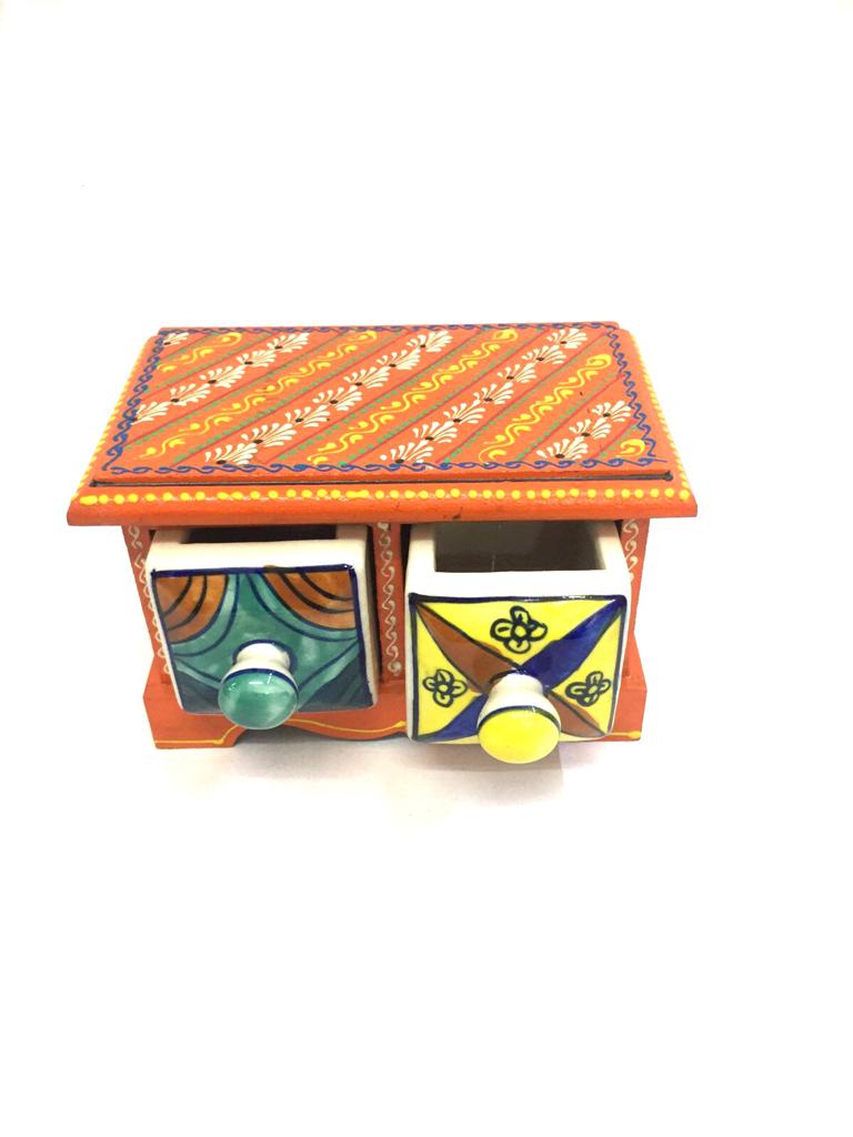 Hand Painted Cone Work Wooden Ceramic Multipurpose Two Drawer Tamrapatra