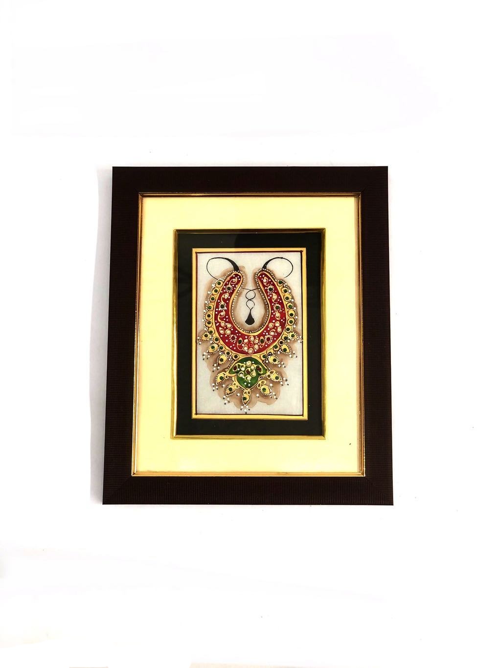 Royal Ornament Style Work On Marble Tile In Wooden Frame Hanging From Tamrapatra