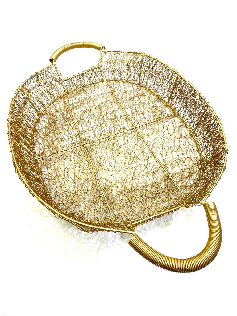 Oval Decorative Metal Jali Design Basket For Hampers Centre Table Tamrapatra