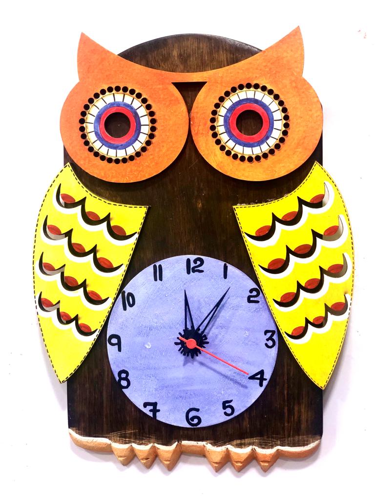 Beautiful Shades Hand Painted Wooden Wall Clocks Owl Designed Tamrapatra