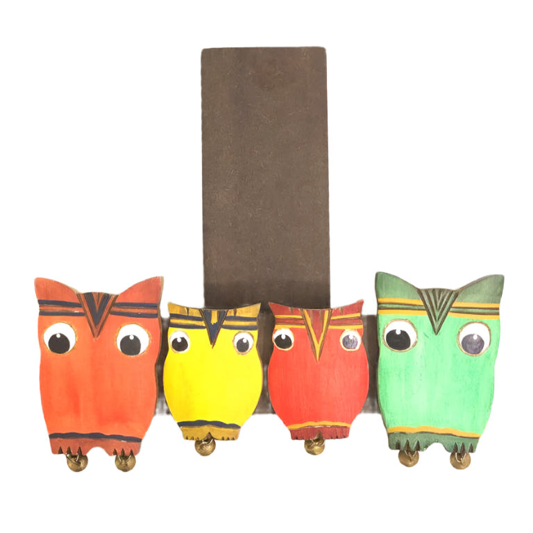 Attractive Name Plate Four Vibrant Colored Owls Handcrafted New By Tamrapatra