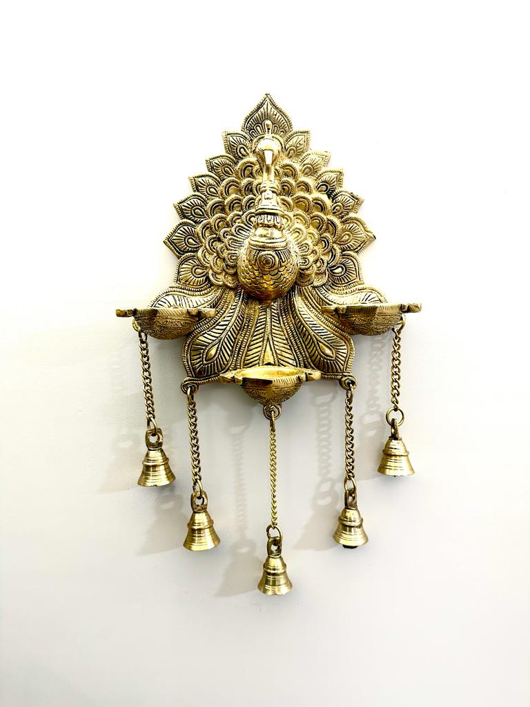 Big Peacock Brass Hangings With Diya Wall Décor Attractive Bells By Tamrapatra