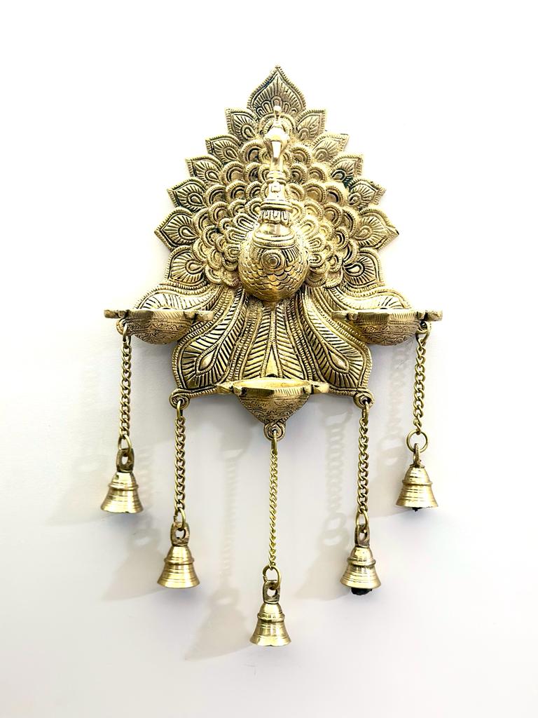 Big Peacock Brass Hangings With Diya Wall Décor Attractive Bells By Tamrapatra