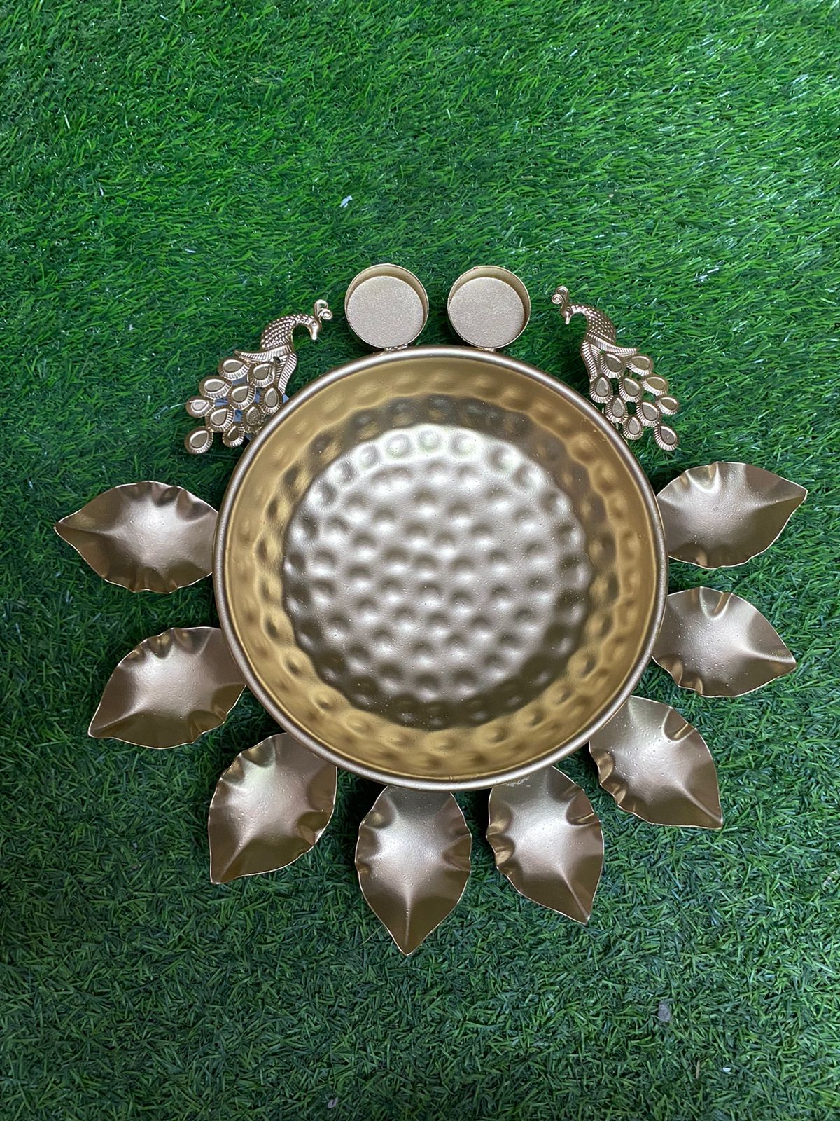 Urli Golden Shade With Peacock & Tealight Holder With Diya From Tamrapatra
