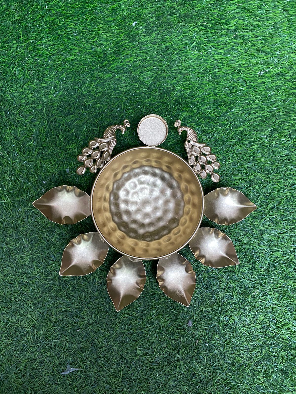 Urli Golden Shade With Peacock & Tealight Holder With Diya From Tamrapatra