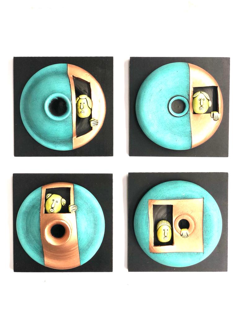 Turquoise Blue Handcrafted Terracotta Pots On MDF Peekaboo Series Tamrapatra