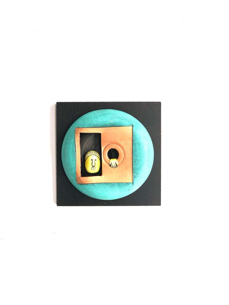 Turquoise Blue Handcrafted Terracotta Pots On MDF Peekaboo Series Tamrapatra