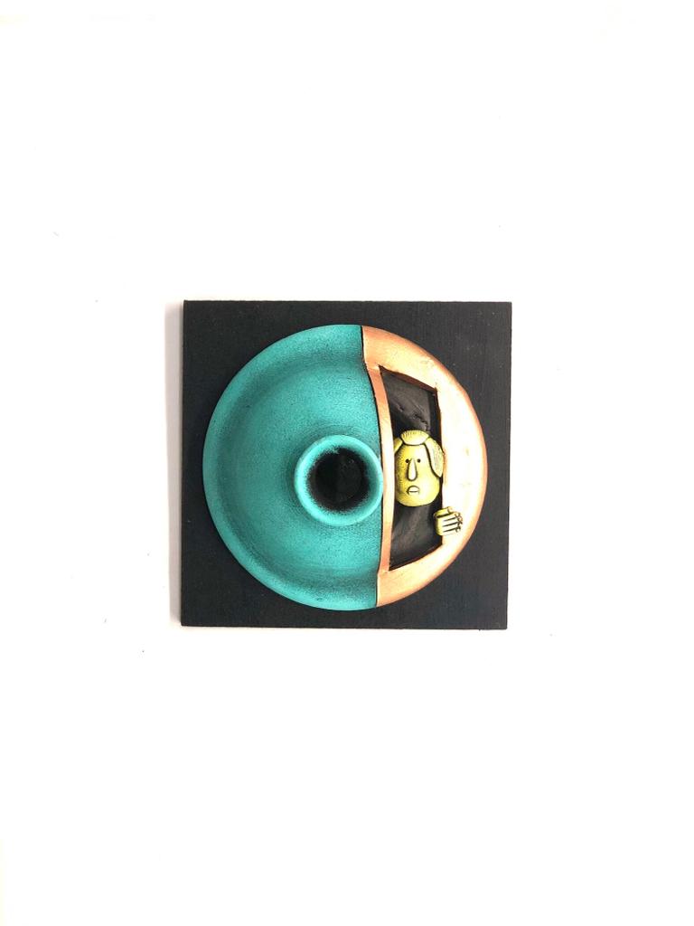 Turquoise Blue Handcrafted Terracotta Pots On MDF Peekaboo Series Tamrapatra
