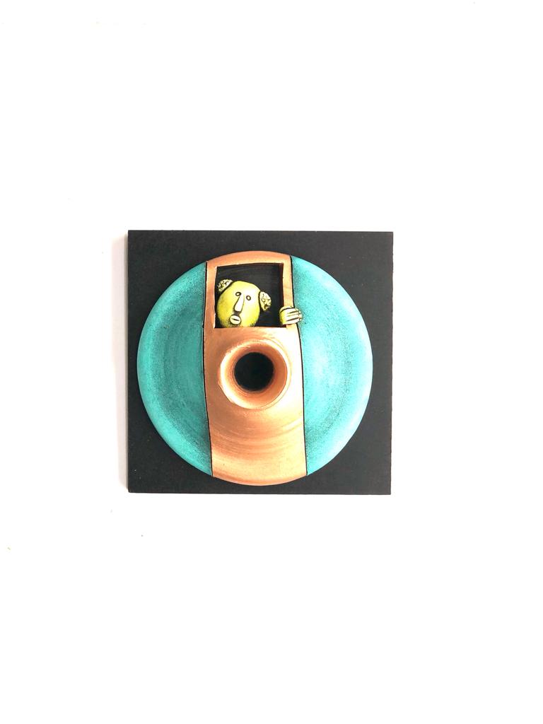 Turquoise Blue Handcrafted Terracotta Pots On MDF Peekaboo Series Tamrapatra