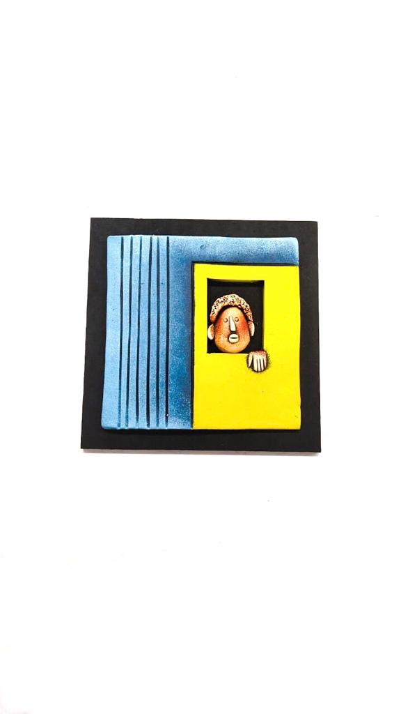 Faces Terracotta Hangings Lapis Blue With Yellow Theme Wall Art Set Of 4 Tamrapatra