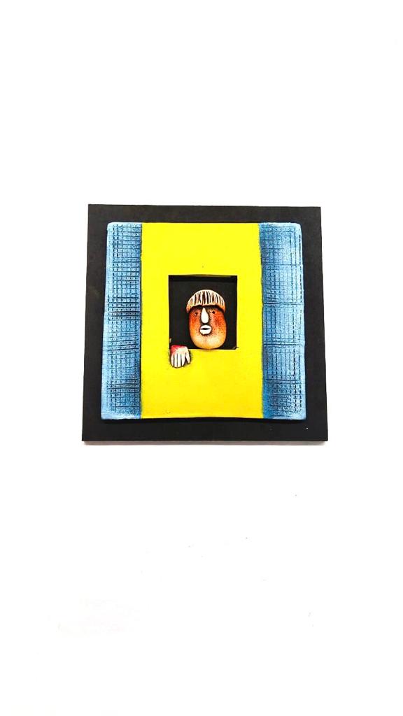 Faces Terracotta Hangings Lapis Blue With Yellow Theme Wall Art Set Of 4 Tamrapatra