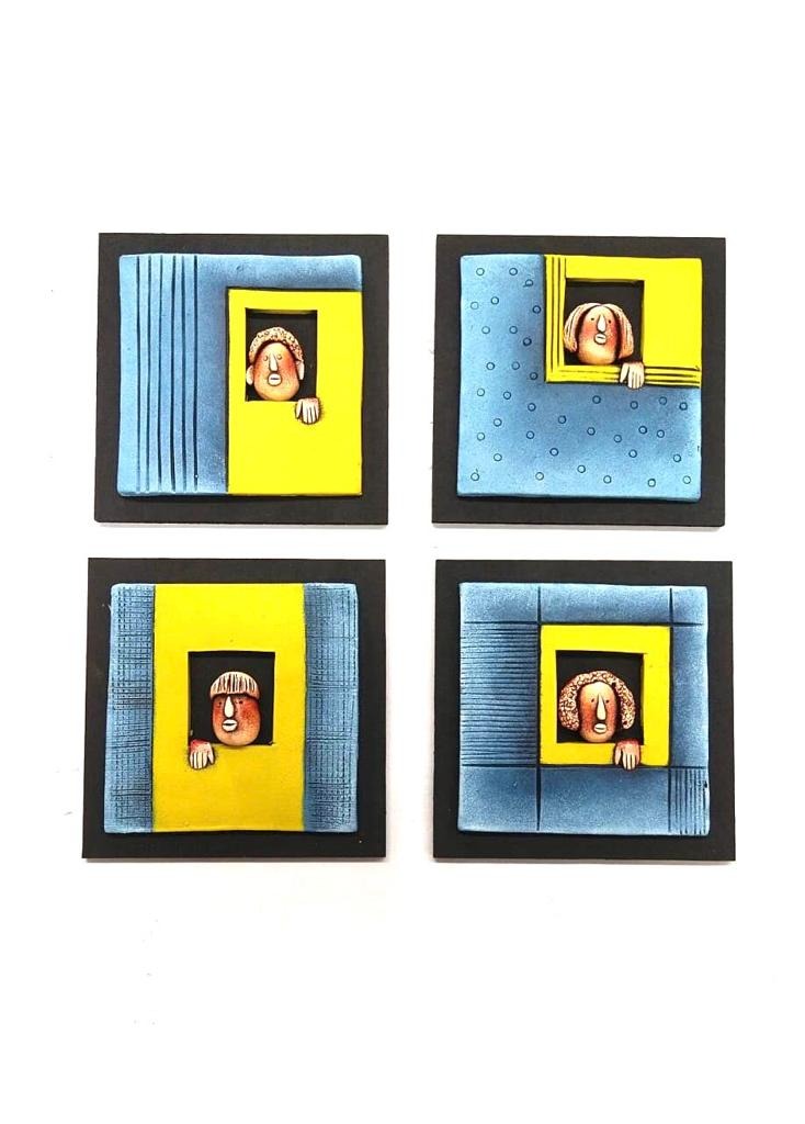 Faces Terracotta  Hangings Lapis Blue With Yellow Theme Wall Art Set Of 4 Tamrapatra