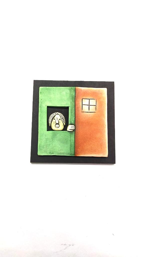 Tangerine Orange Green Faces Bricks Design Handcrafted Set Of 4 By Tamrapatra